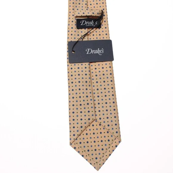 Drake's NWT Neck Tie Beige w/ Blue & Green Mini Floral / Geo Pattern 100% Silk